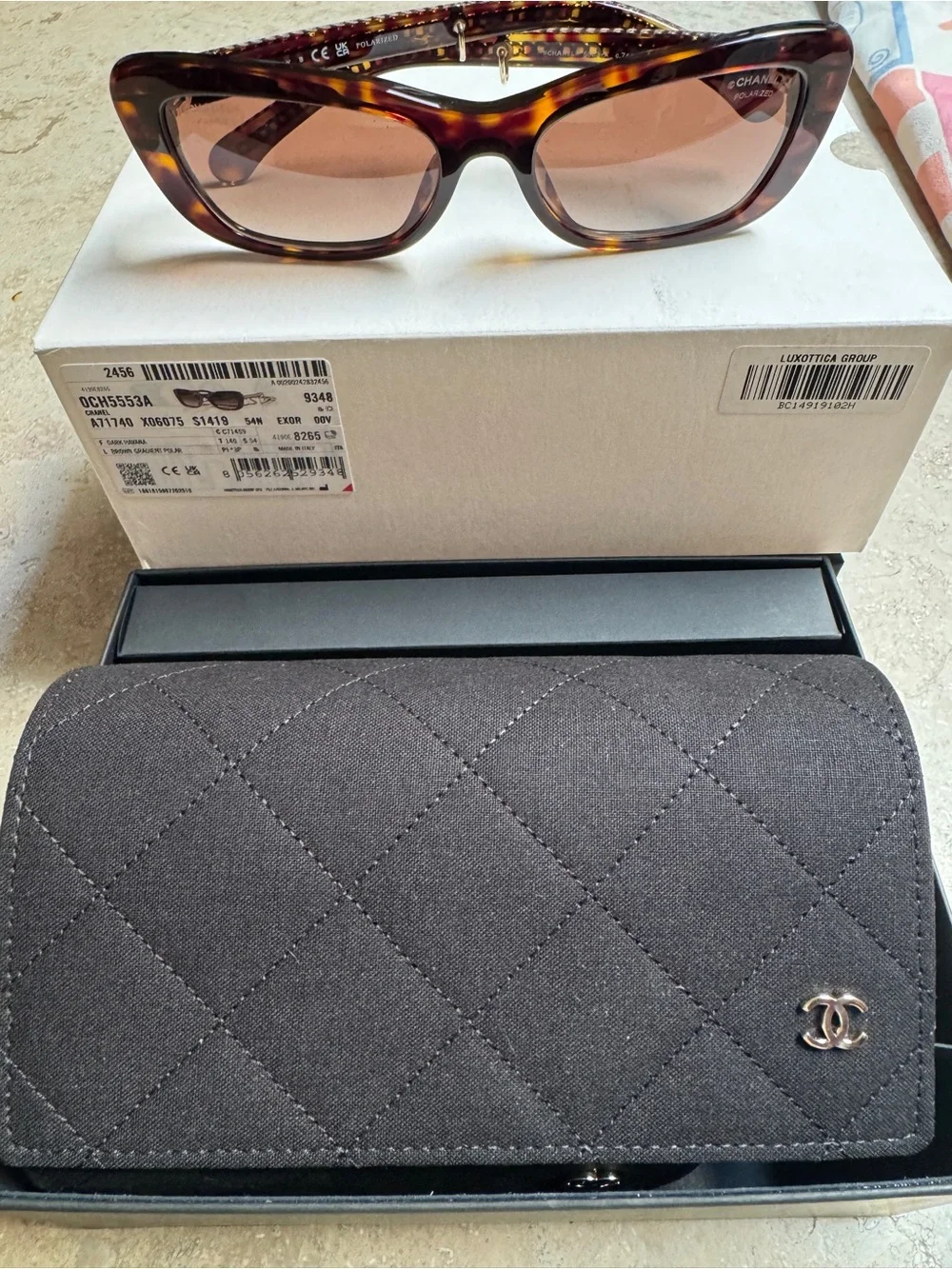 NEW CHANEL rectangle Brown Tortoise Frame Sunglasses with Gold Chain CH5553A